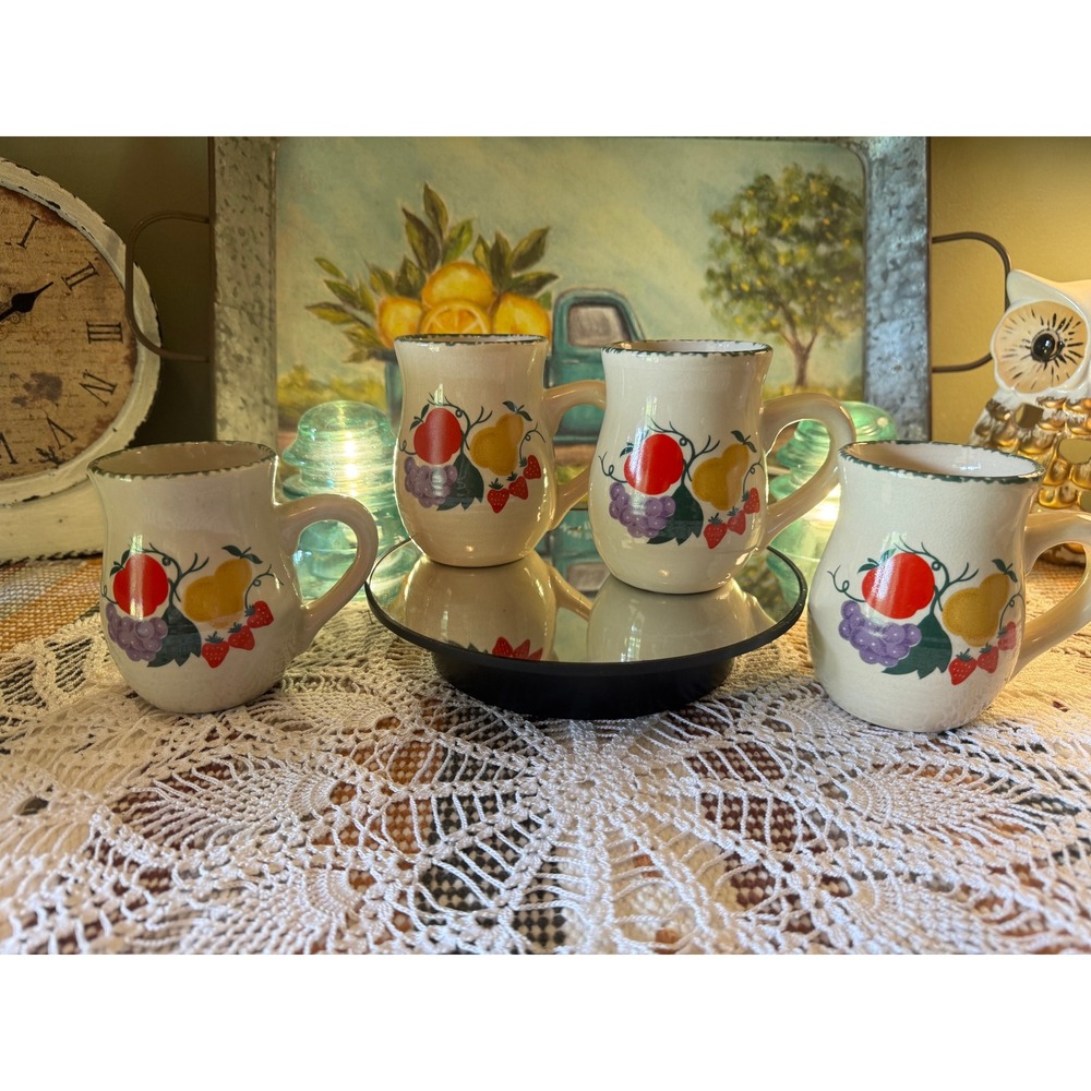 Vintage Fruit Motif Ceramic Mugs Set of 4 Cream Speckled Farmhouse Coffee Cups